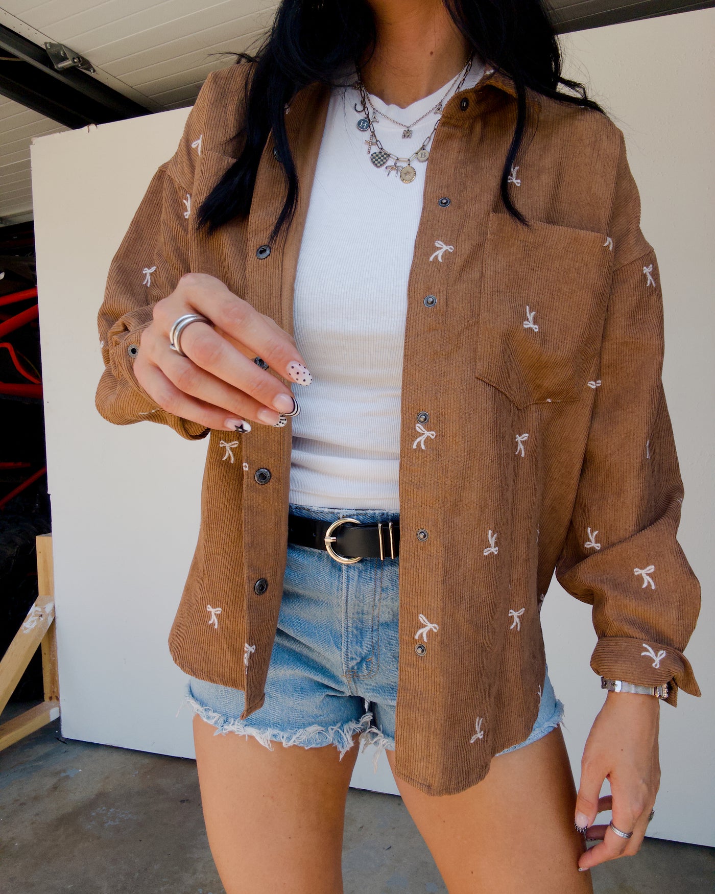 Wren Embroidered Bow Button Down - Camel