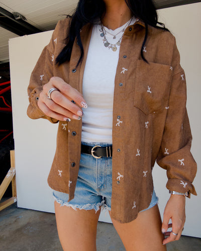 Wren Embroidered Bow Button Down - Camel
