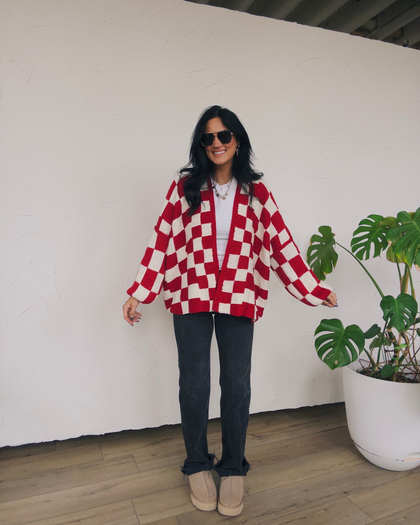 Checked Out Cardigan - Red