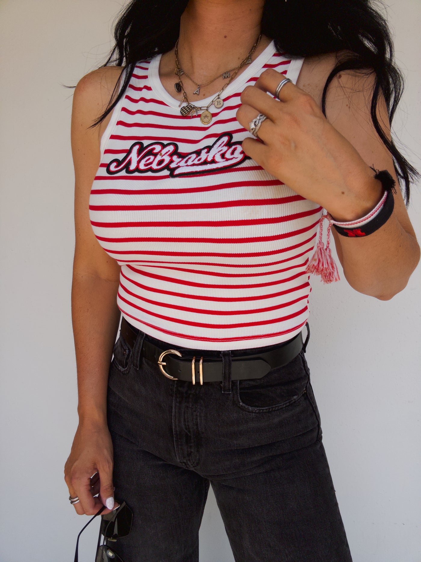 Nebraska Stripe Chenille Crop Tank - Red/White