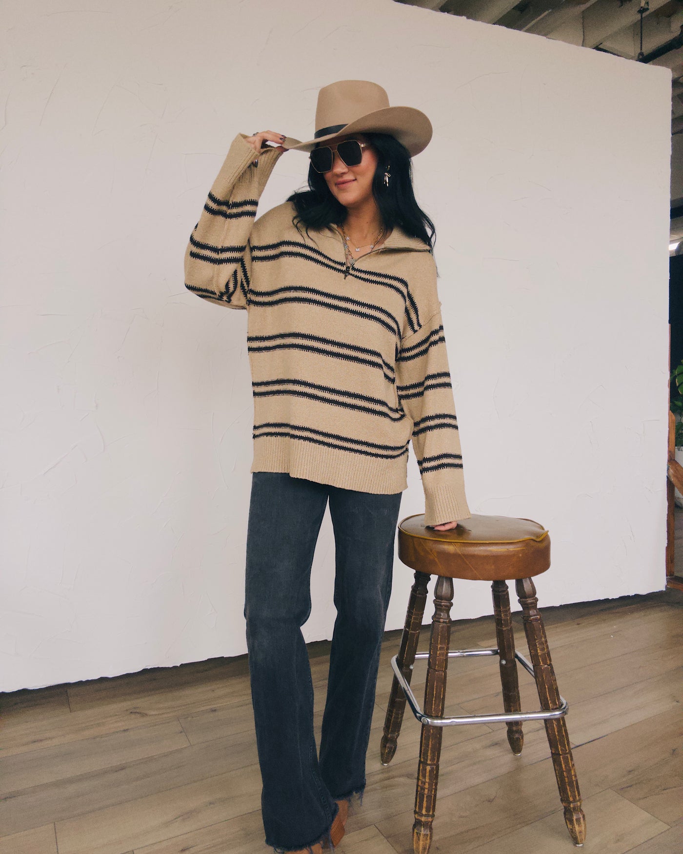 Ivy Striped Ovetsized Half-Zip Sweater - Sand/Black