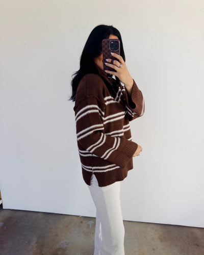 Ivy Striped Ovetsized Half-Zip Sweater - Chocolate/White