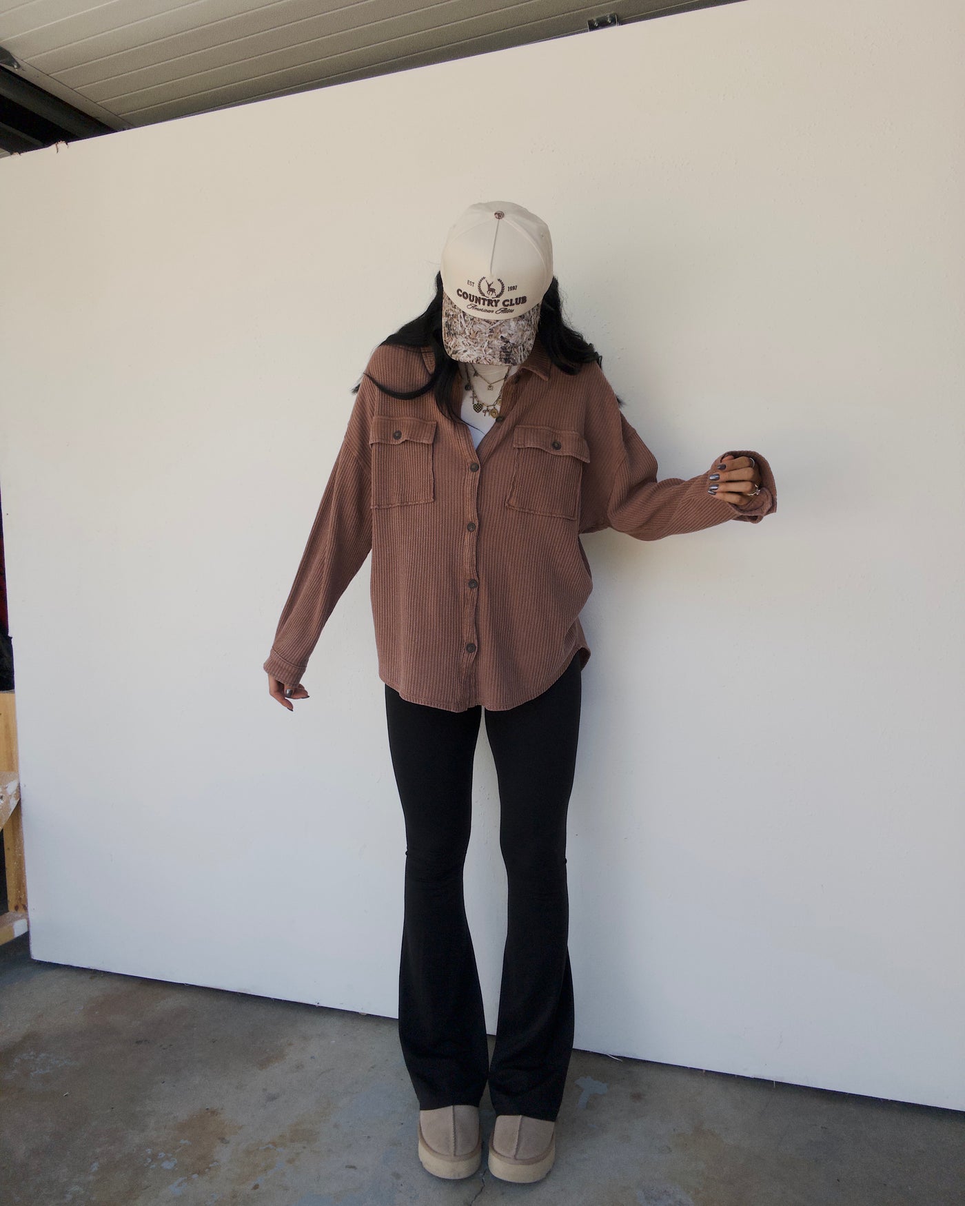 Mineral Washed Oversized Waffle Button Down - Chestnut