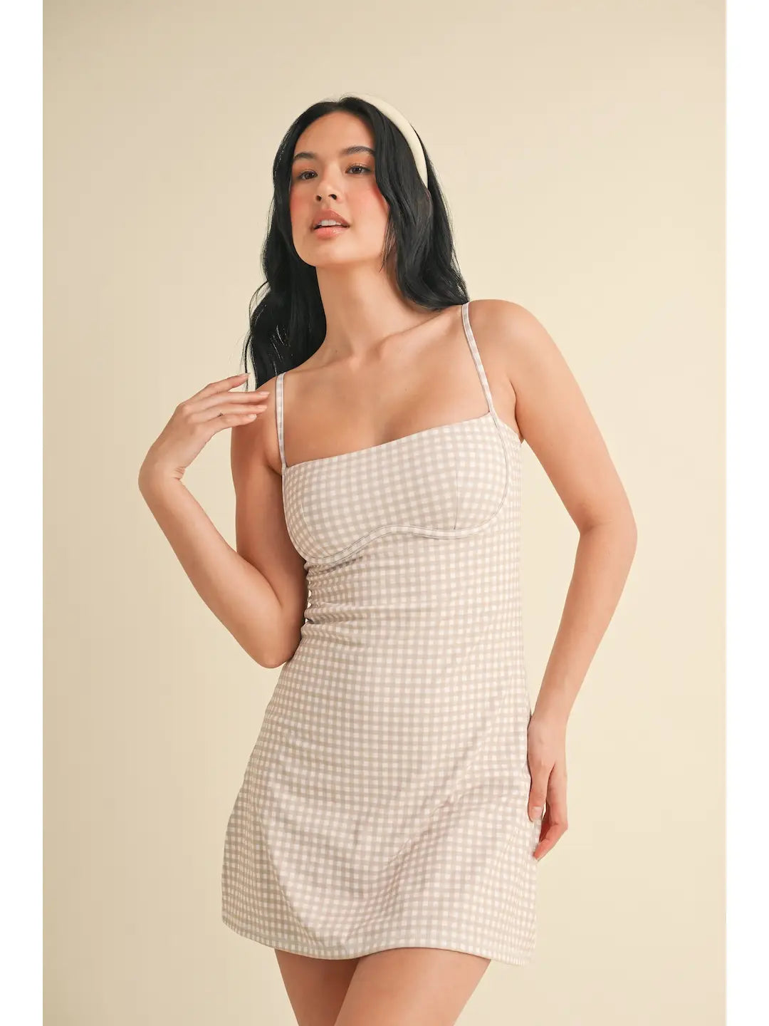 Gingham Sweetheart Dress - Taupe/White