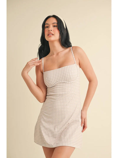 Gingham Sweetheart Dress - Taupe/White
