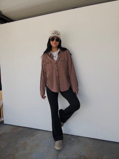 Mineral Washed Oversized Waffle Button Down - Chestnut