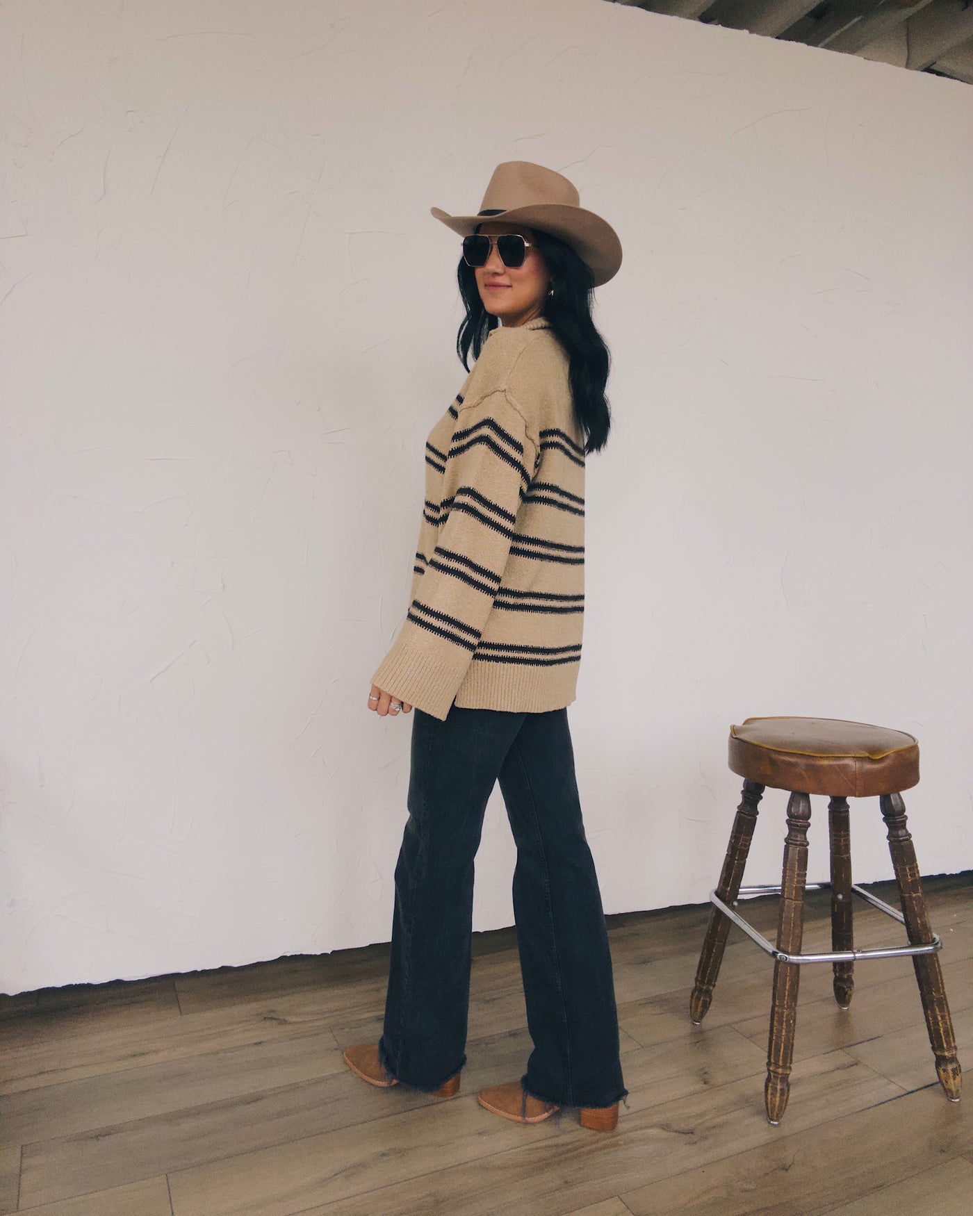 Ivy Striped Ovetsized Half-Zip Sweater - Sand/Black
