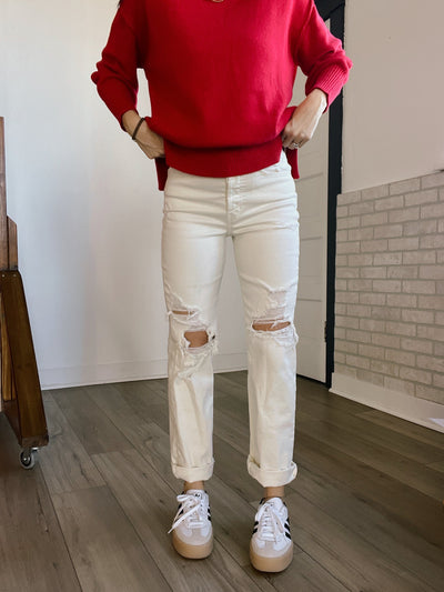 Icon Distressed Straight Leg Jeans - Off White
