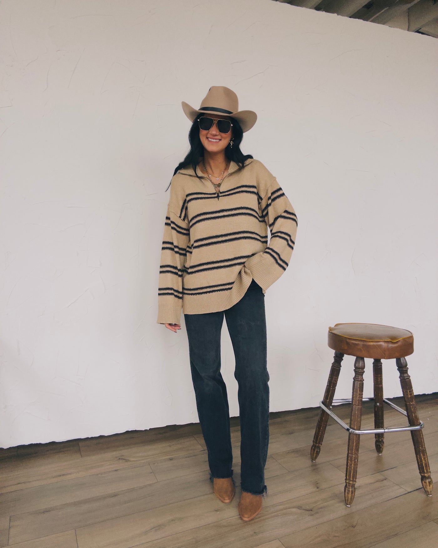 Ivy Striped Ovetsized Half-Zip Sweater - Sand/Black
