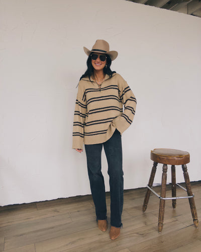 Ivy Striped Ovetsized Half-Zip Sweater - Sand/Black