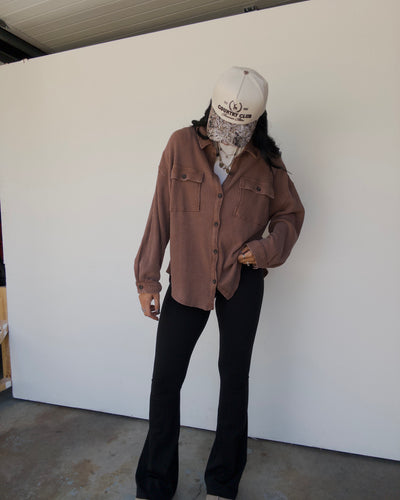 Mineral Washed Oversized Waffle Button Down - Chestnut