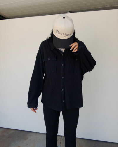 Mineral Washed Oversized Waffle Button Down - Black