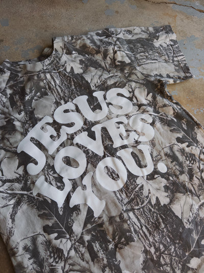 Jesus Loves You Oversized Cotton Tee - Grey Camo