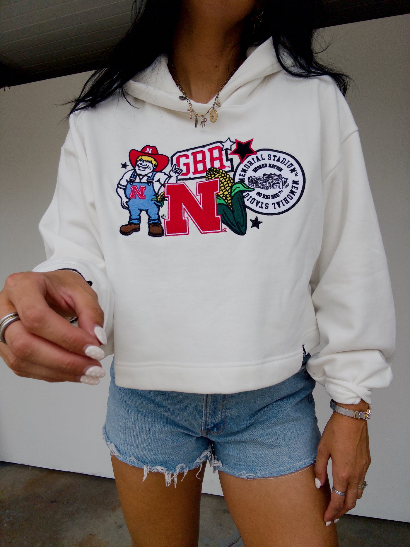 Nebraska Patch Cropped Hoodie - White
