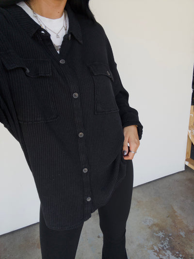 Mineral Washed Oversized Waffle Button Down - Black