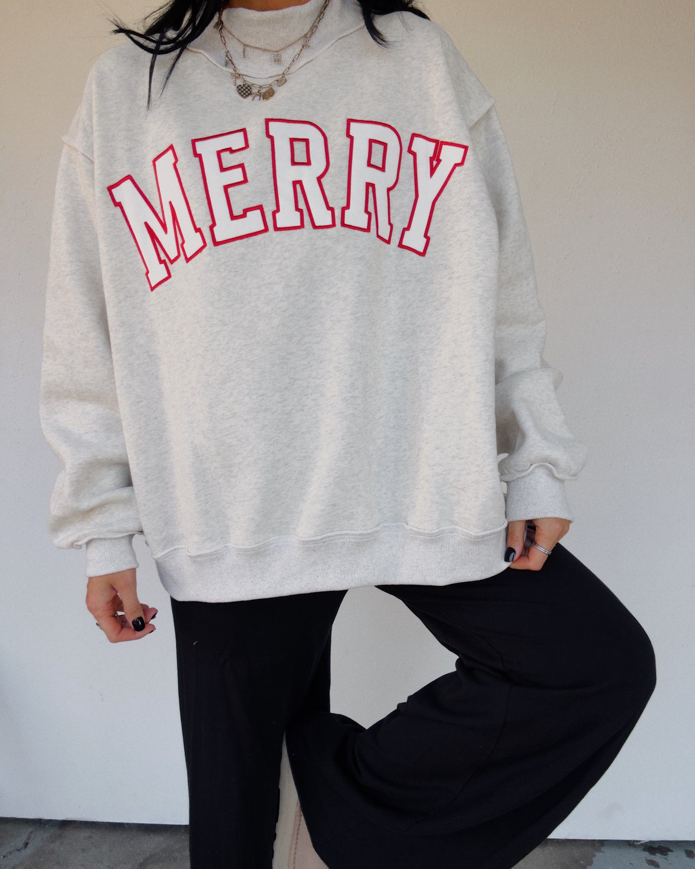 Merry Embroidered Mock Neck Sweatshirt - Grey