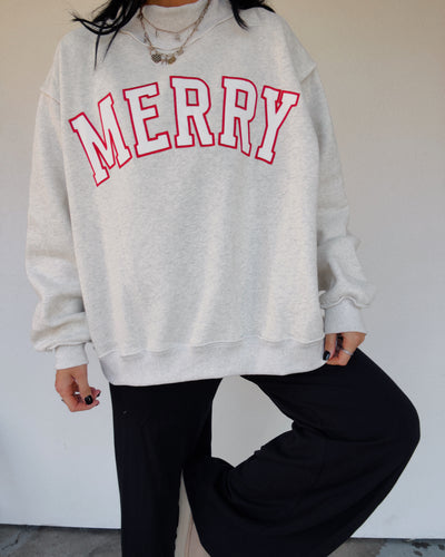 Merry Embroidered Mock Neck Sweatshirt - Grey