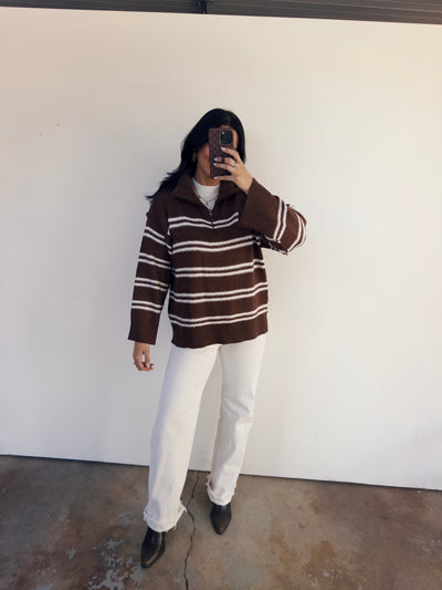 Ivy Striped Ovetsized Half-Zip Sweater - Chocolate/White