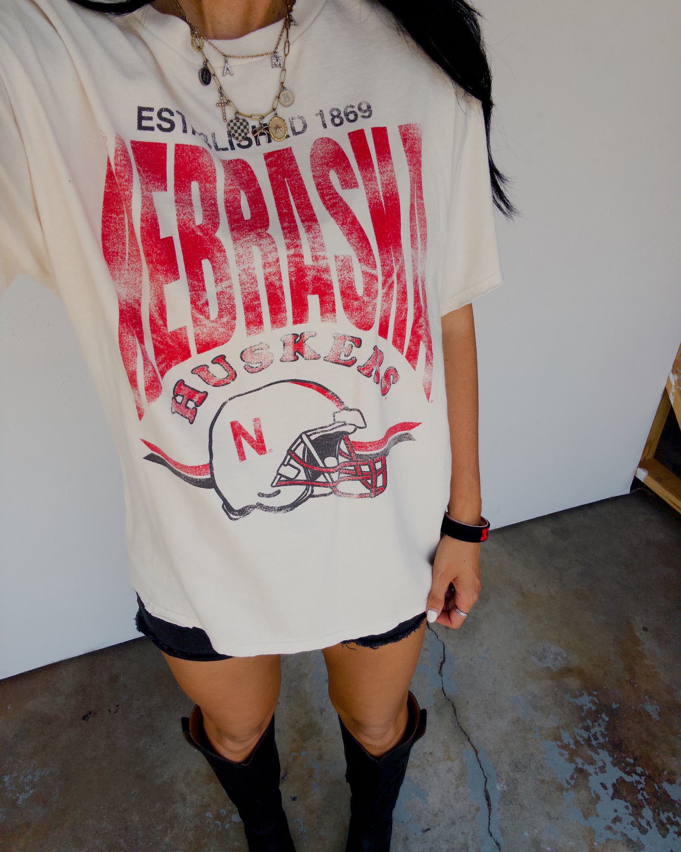 Nebraska Helmet Distressed Cotton Tee - Ivory