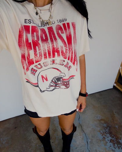 Nebraska Helmet Distressed Cotton Tee - Ivory