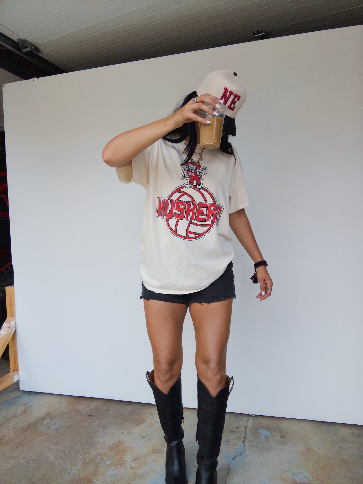 Husker Volleyball Distressed Cotton Tee - Ivory