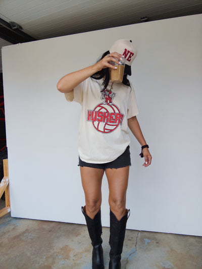 Husker Volleyball Distressed Cotton Tee - Ivory