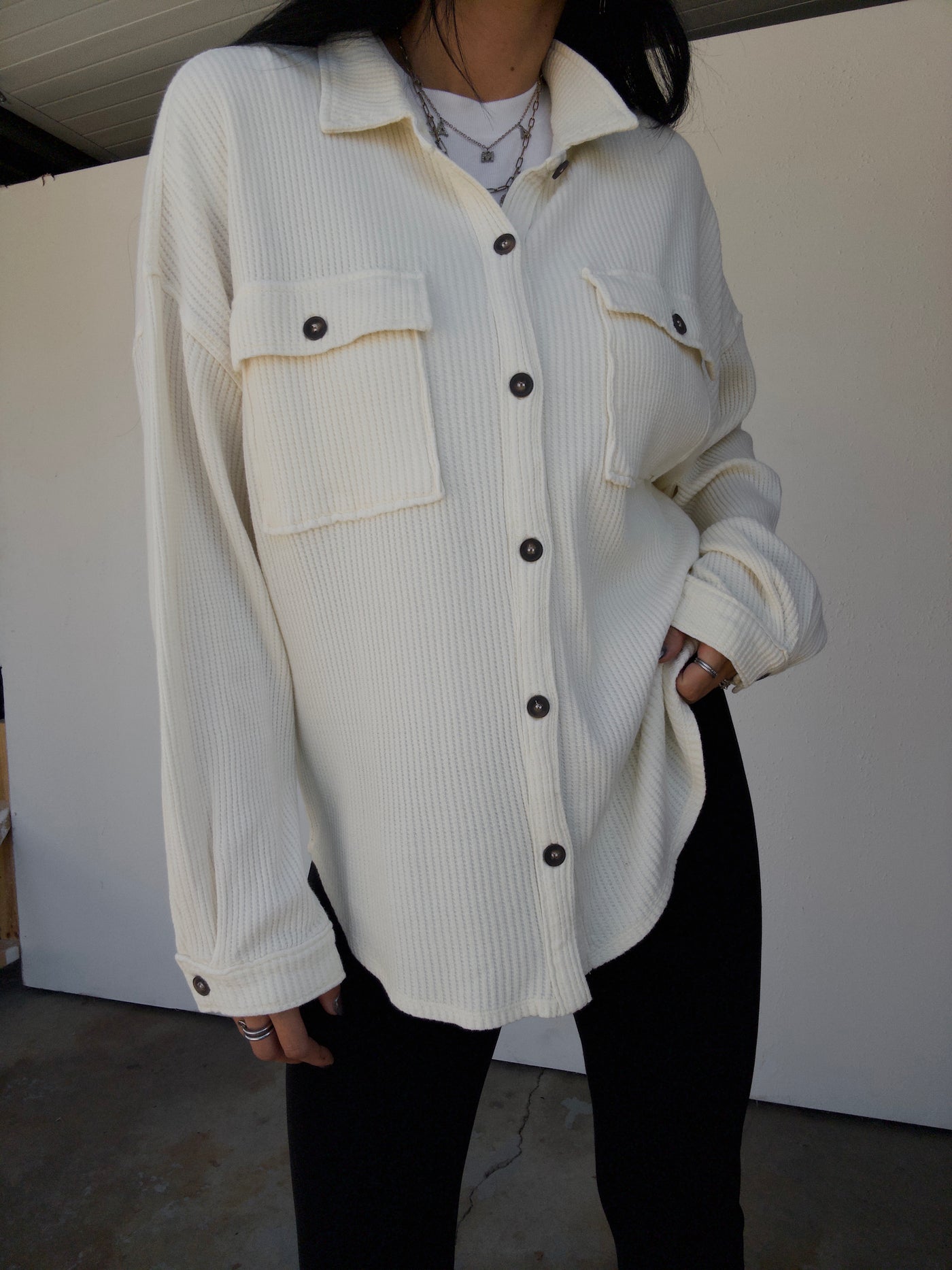 Mineral Washed Oversized Waffle Button Down - Off White