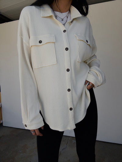 Mineral Washed Oversized Waffle Button Down - Off White