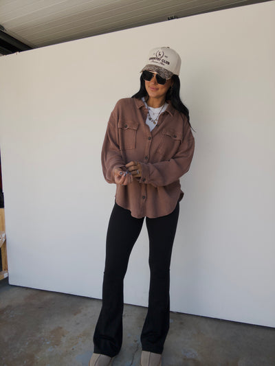 Mineral Washed Oversized Waffle Button Down - Chestnut