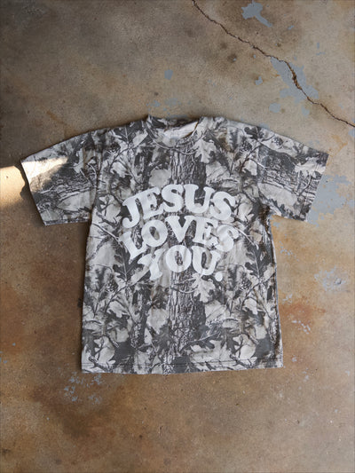 Jesus Loves You Oversized Cotton Tee - Grey Camo