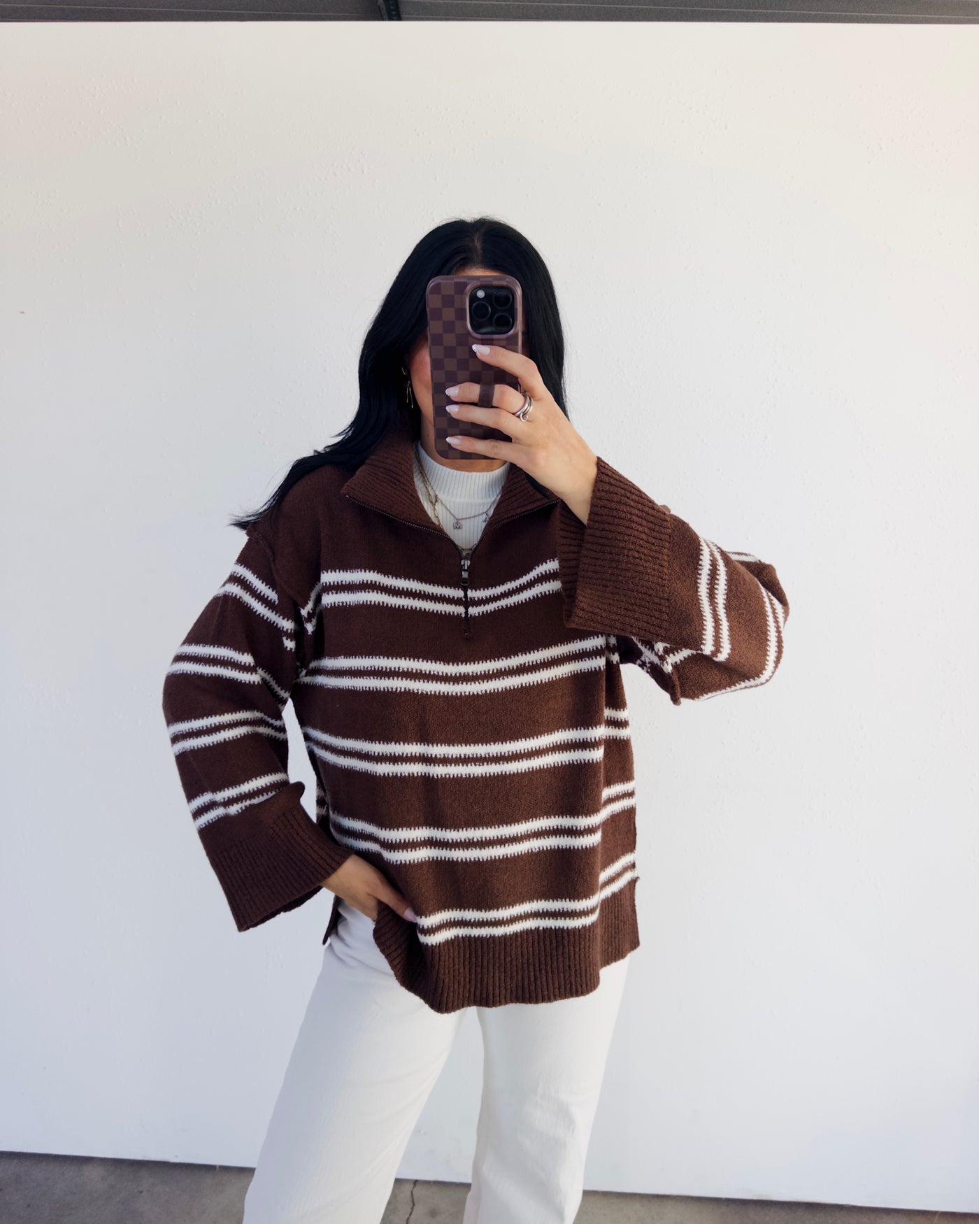 Ivy Striped Ovetsized Half-Zip Sweater - Chocolate/White