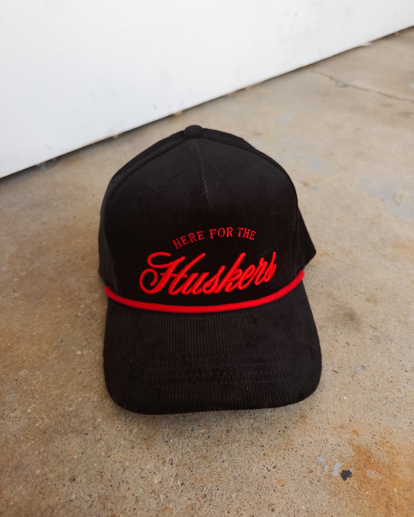 Here For The Huskers Corduroy Hat - Black/Red