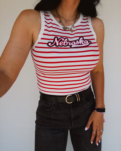 Nebraska Stripe Chenille Crop Tank - Red/White