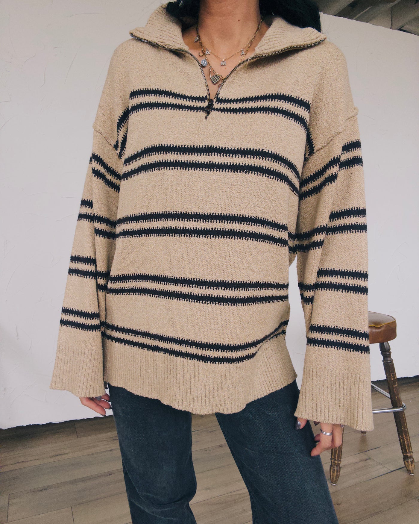 Ivy Striped Ovetsized Half-Zip Sweater - Sand/Black