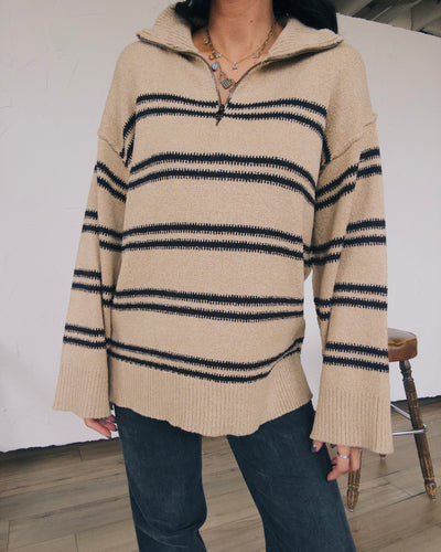 Ivy Striped Ovetsized Half-Zip Sweater - Sand/Black