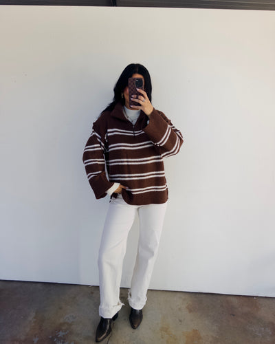 Ivy Striped Ovetsized Half-Zip Sweater - Chocolate/White