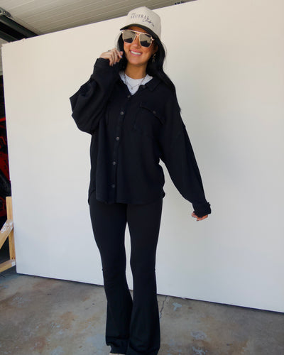 Mineral Washed Oversized Waffle Button Down - Black