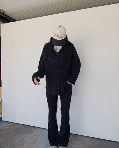 Mineral Washed Oversized Waffle Button Down - Black
