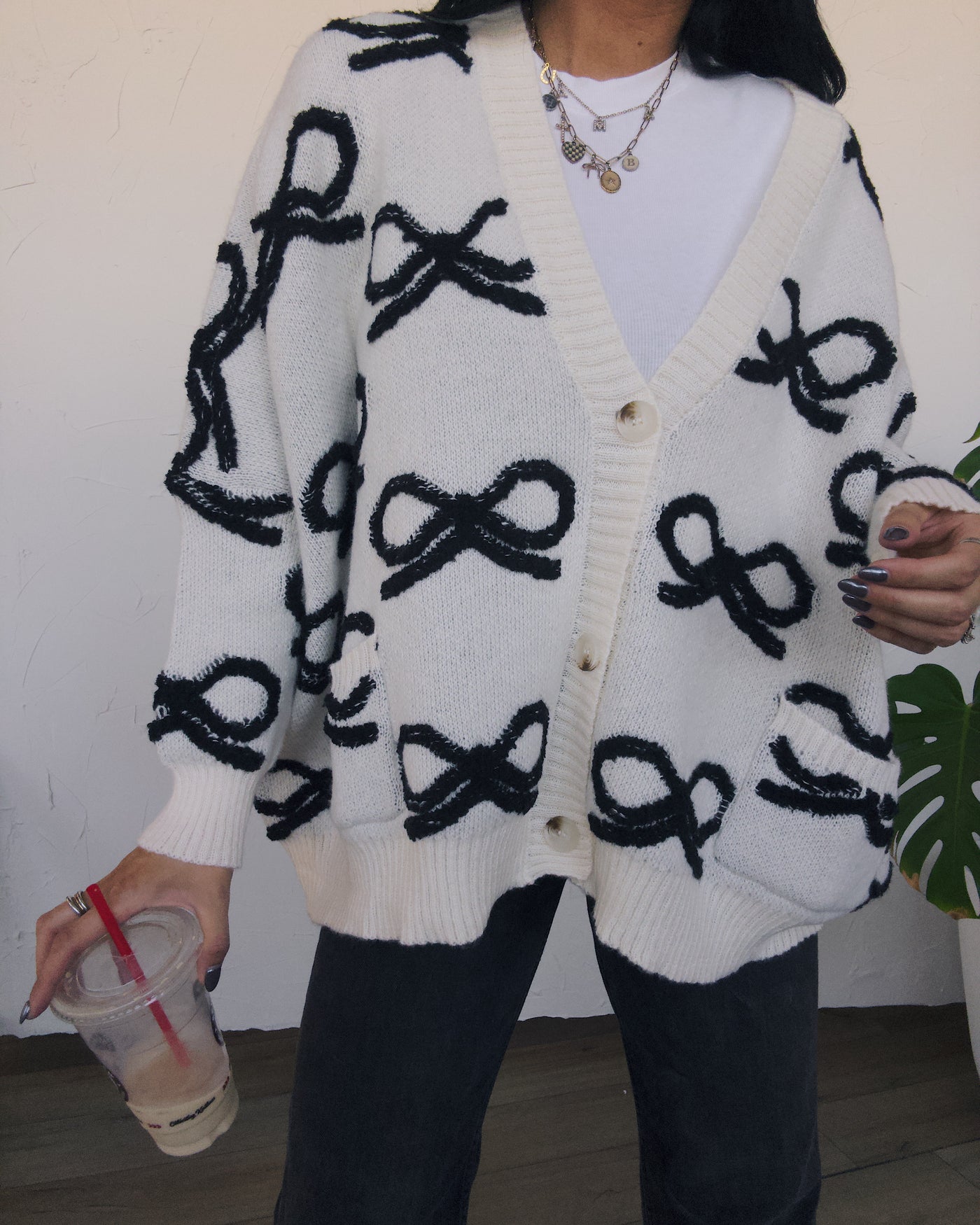 Oversized Bow Cardigan - Ivory/Black