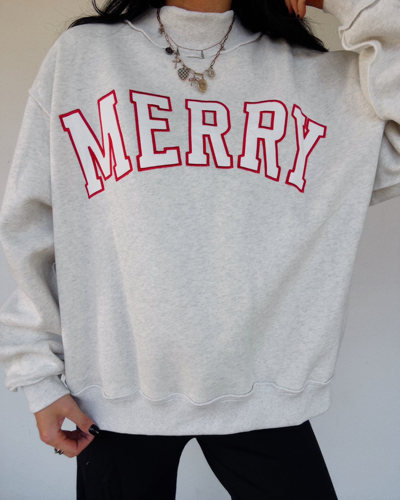 Merry Embroidered Mock Neck Sweatshirt - Grey